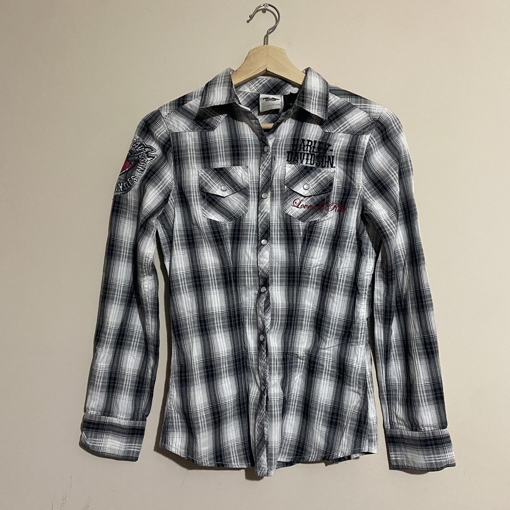 Harley Davidson Women's Shirt XS Snap Pearl Embossed Love To Ride Button Up